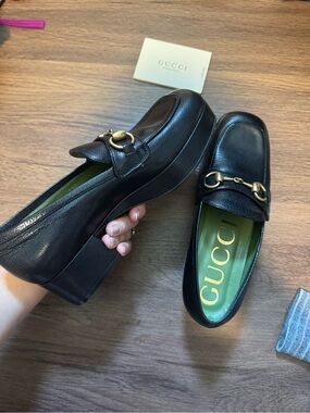 Gucci Black Leather Horsebit Platform Loafers with Gold Hardware